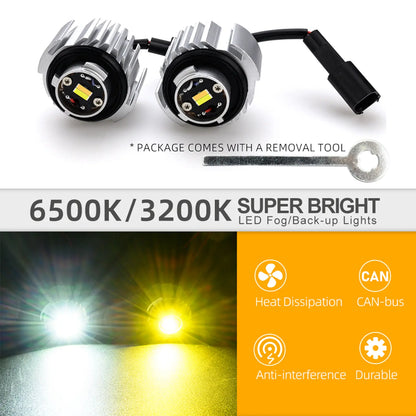 A pair of super bright LED L1B fog lights in 6500K and 3200K, with heat dissipation, CAN-bus, anti-interference, and durable design, including a removal tool.