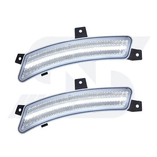 Pair of white LED side marker lights with sleek curved design, black mounting brackets, and bright illuminated strip, suitable for automotive exterior upgrade and improved visibility.