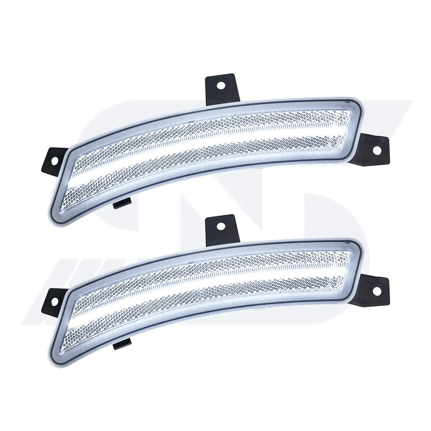 Pair of white LED side marker lights with sleek curved design, black mounting brackets, and bright illuminated strip, suitable for automotive exterior upgrade and improved visibility.