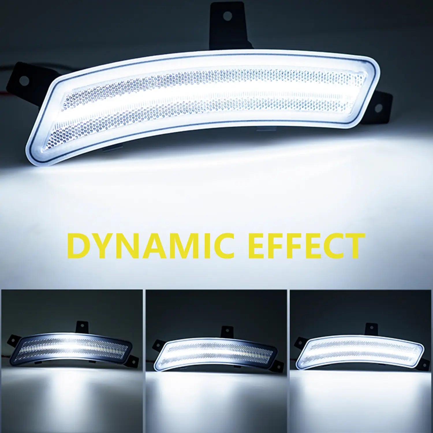 LED side marker light showing a bright white dynamic welcome effect. Multiple stages of illumination demonstrate sequential lighting for enhanced visibility and modern styling.