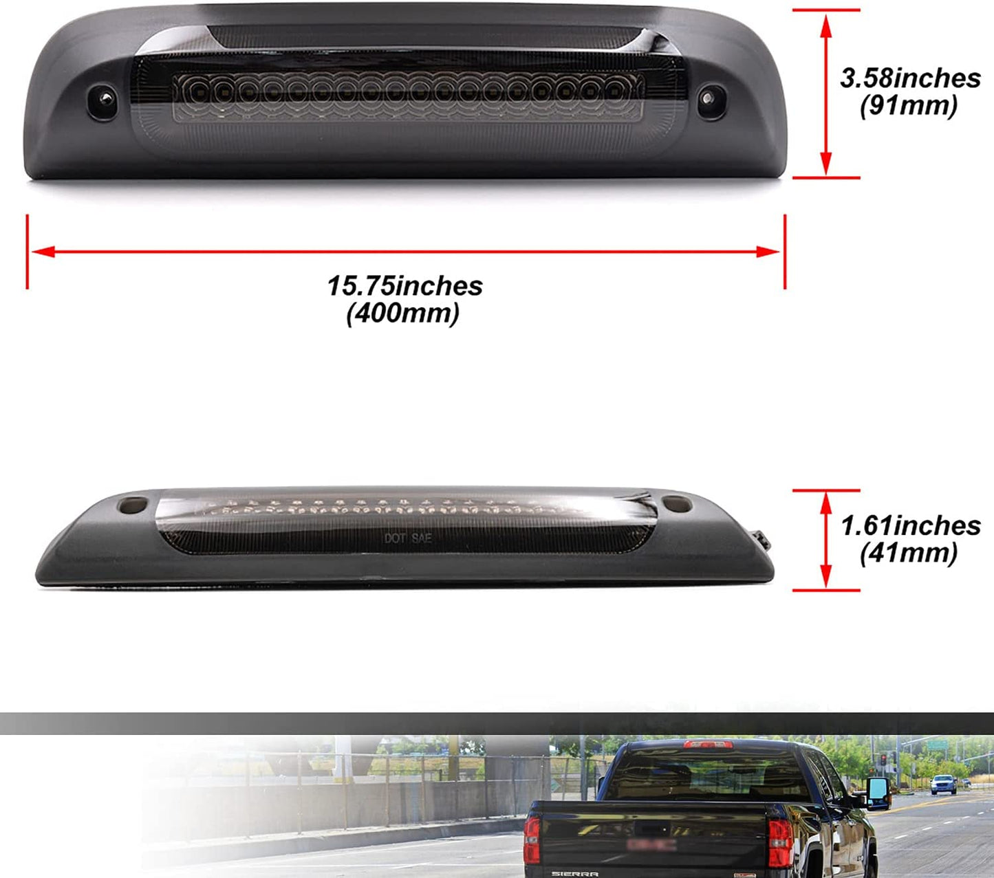 Led Third Brake Light Replacement for 2014-2018 Chevy Silverado GMC Sierra 1500 2500HD 3500HD Red LED Strobe Rear 3rd Brake Center High Mount Stop Lamp + White Cargo Light Kit Euro Smoked Lens - NS Auto Lighting