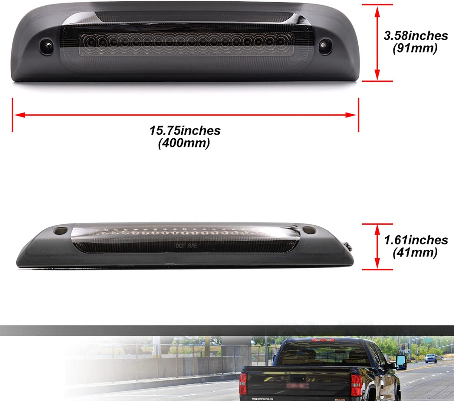 Led Third Brake Light Replacement for 2014-2018 Chevy Silverado GMC Sierra 1500 2500HD 3500HD Red LED Strobe Rear 3rd Brake Center High Mount Stop Lamp + White Cargo Light Kit Euro Smoked Lens - NS Auto Lighting