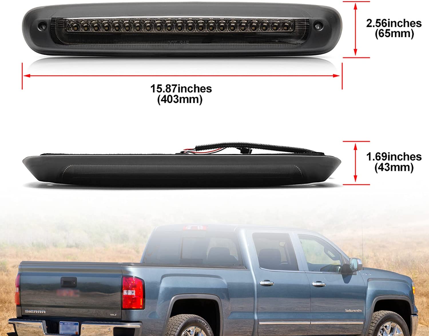 Led Third Brake Light Replacement for 2007-2013 Chevy Silverado GMC Sierra 1500 2500HD 3500HD Red LED Strobe Rear 3rd Brake Center High Mount Stop Lamp + White Cargo Light Kit Euro Smoked Lens - NS Auto Lighting
