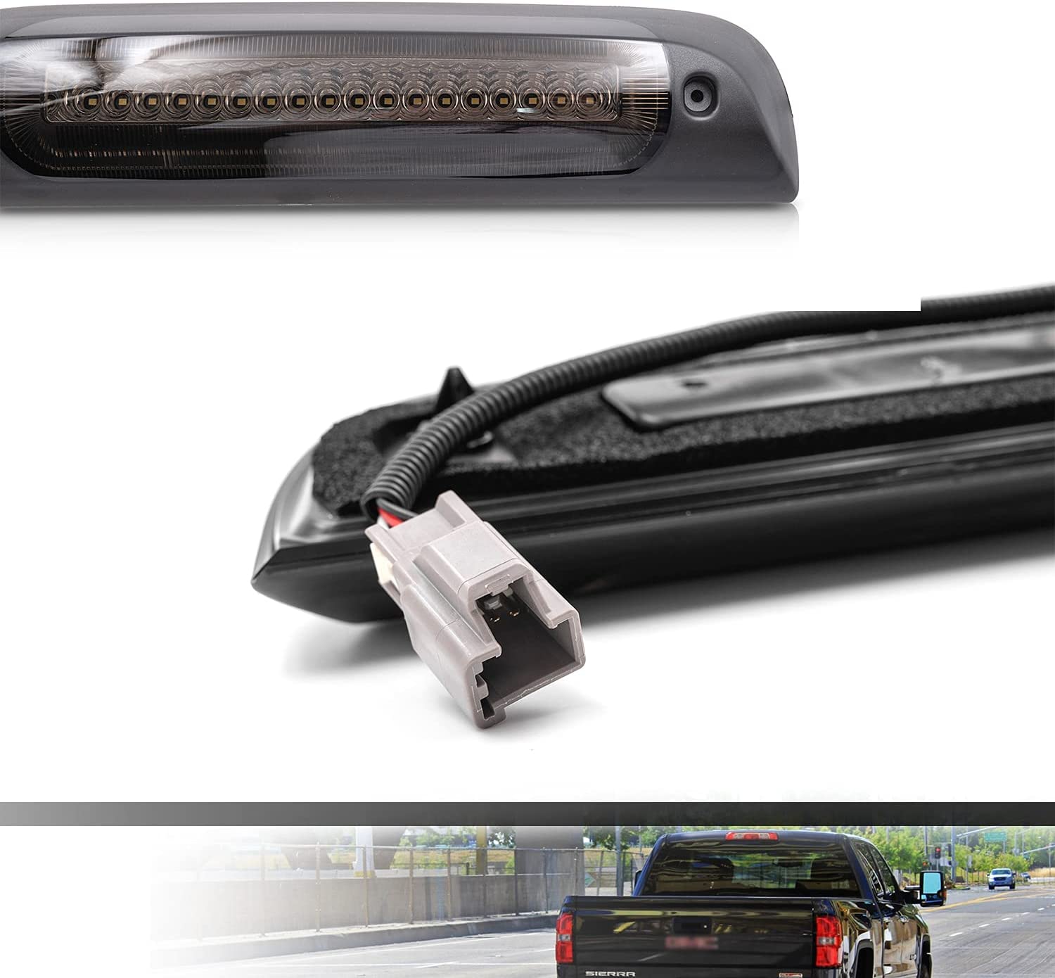 Led Third Brake Light Replacement for 2014-2018 Chevy Silverado GMC Sierra 1500 2500HD 3500HD Red LED Strobe Rear 3rd Brake Center High Mount Stop Lamp + White Cargo Light Kit Euro Smoked Lens - NS Auto Lighting