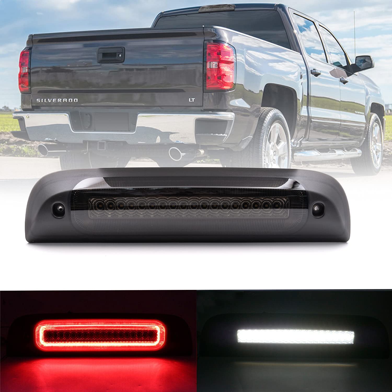 Led Third Brake Light Replacement for 2014-2018 Chevy Silverado GMC Sierra 1500 2500HD 3500HD Red LED Strobe Rear 3rd Brake Center High Mount Stop Lamp + White Cargo Light Kit Euro Smoked Lens - NS Auto Lighting